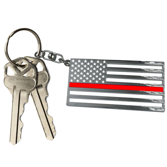 BL8-019 Thin Red Line Fire Department Firefighter American Flag die-cut chrome challenge coin keychain with swivel and 1" keyring Fire Fighter