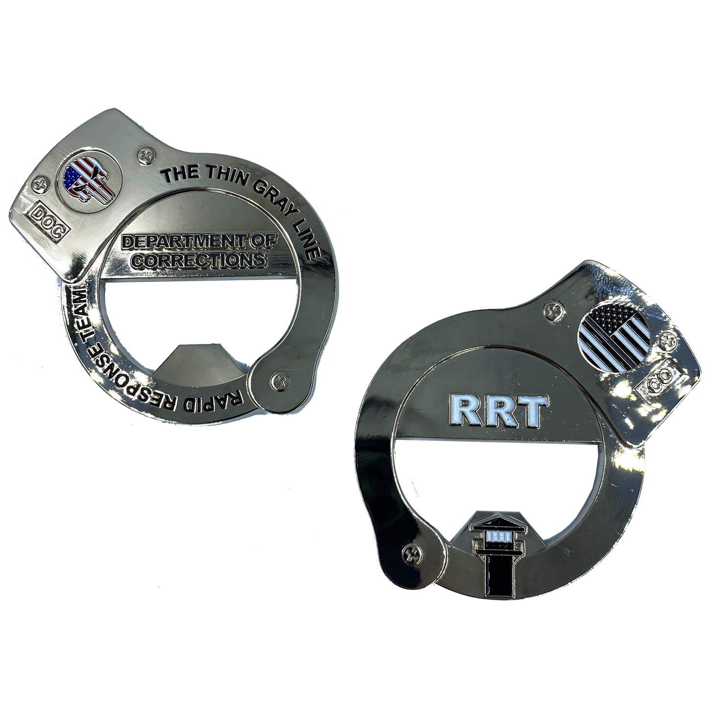 CL4-03 RRT Rapid Response Team Thin Gray Line HANDCUFFs Challenge Coin Bottle Opener Corrections Correctional Officer