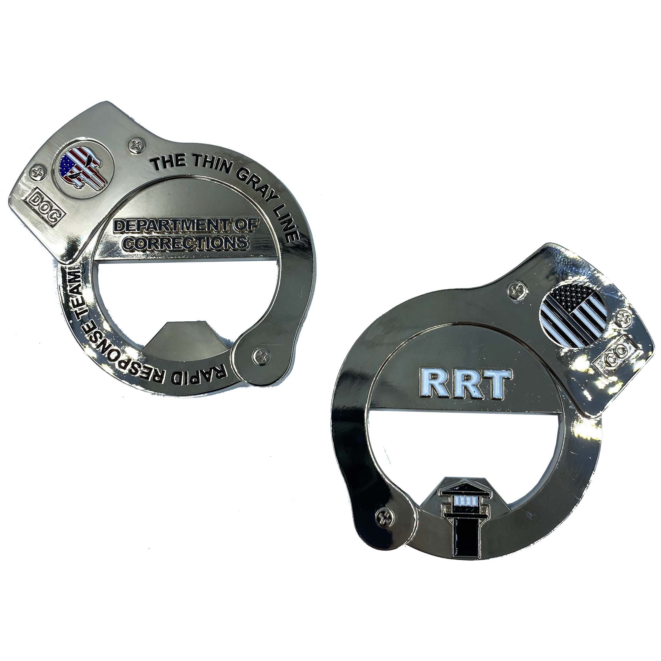 CL4-03 RRT Rapid Response Team Thin Gray Line HANDCUFFs Challenge Coin Bottle Opener Corrections Correctional Officer