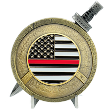 EL4-019 Fire Department Fire Fighter Warrior Gladiator Thin Red Line Shield with removable Sword Challenge Coin Set EMT Paramedic Emergency Services Rescue