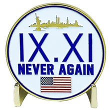 DISCONTINUED DL6-03 September 11th 9/11 Never Again Challenge Coin American Flag 911 New York City Skyline NYC USA