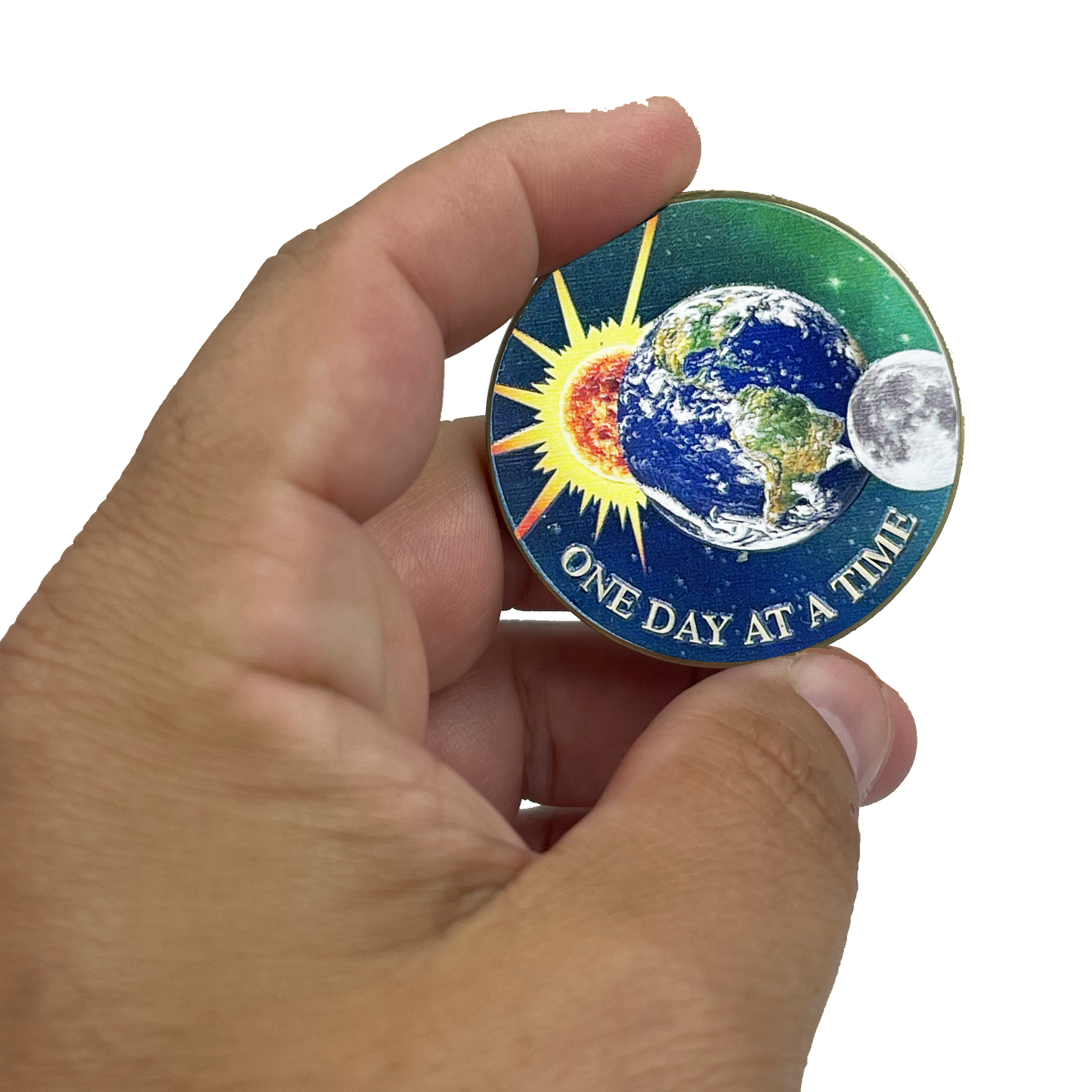 BL9-009 One Day at a Time Universe Sun Moon Earth Medallion Serenity Prayer Challenge Coin AA Chip Addiction