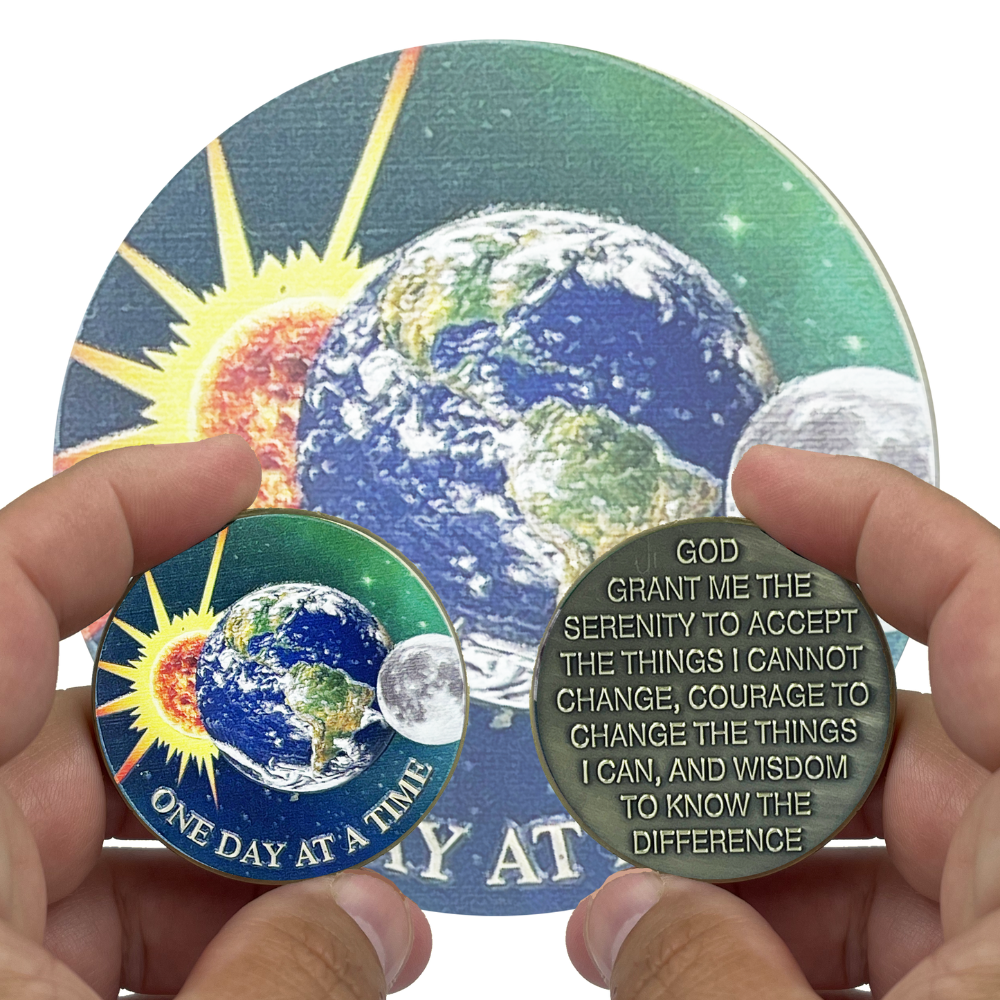 BL9-009 One Day at a Time Universe Sun Moon Earth Medallion Serenity Prayer Challenge Coin AA Chip Addiction