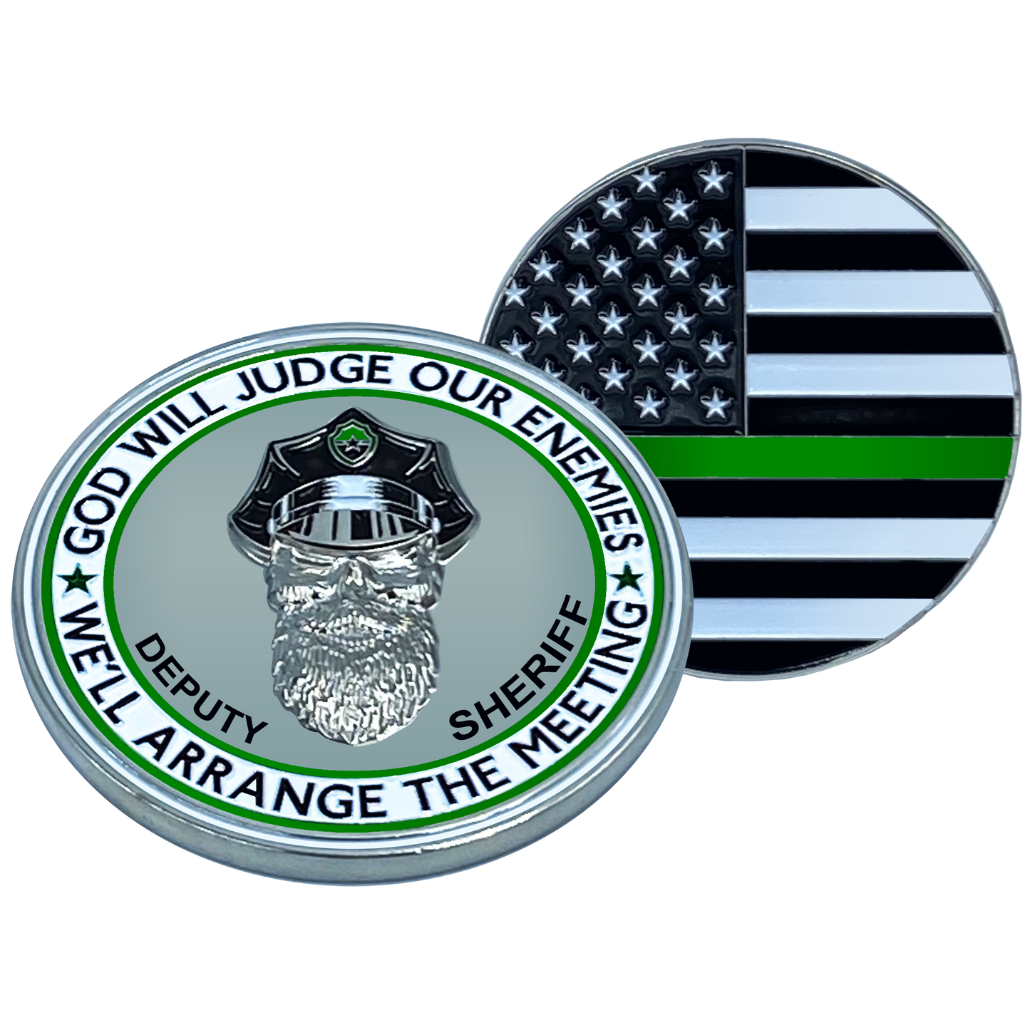 EL1-008 Thin Green Line DEPUTY SHERIFF Police God Will Judge BEARD GANG SKULL Challenge Coin City of Police Department Back the Blue