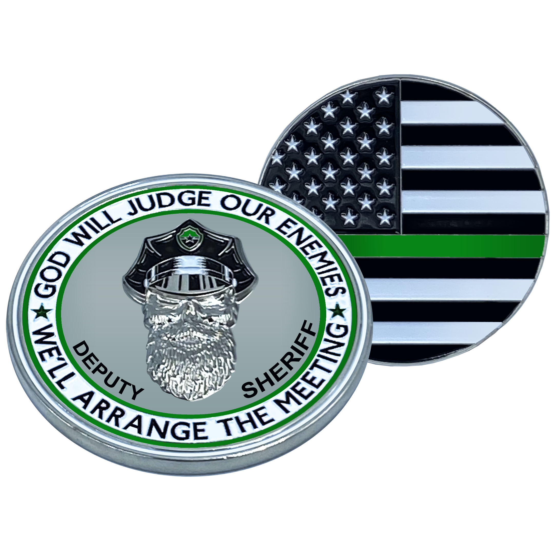 EL1-008 Thin Green Line DEPUTY SHERIFF Police God Will Judge BEARD GANG SKULL Challenge Coin City of Police Department Back the Blue