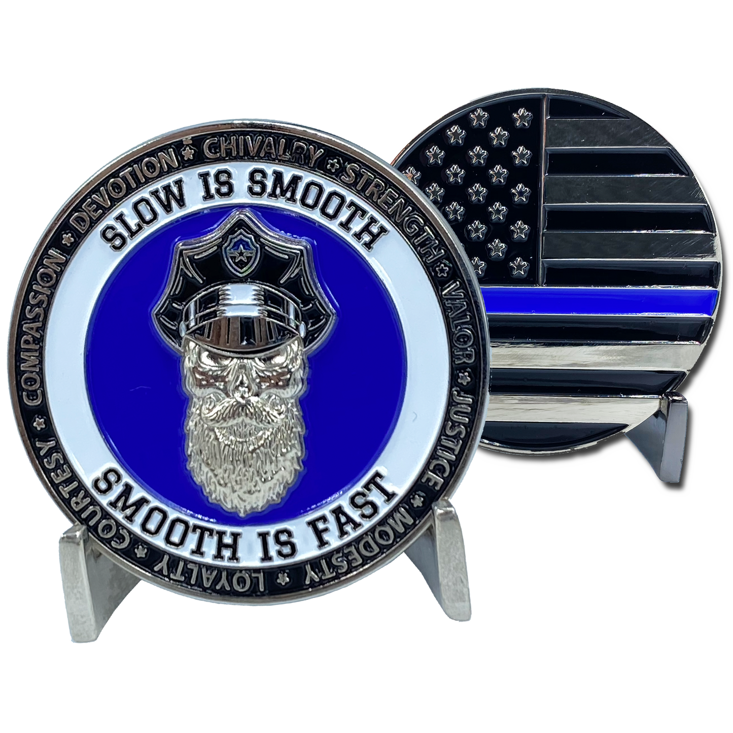 DL10-17 Thin Blue Line Challenge Coin SLOW IS SMOOTH, SMOOTH IS FAST Beard Gang Skull Police FBI LAPD CBP USSS Back the Blue