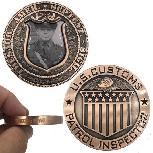 JJ-019 Smugglers Beware Vintage U.S. Customs Patrol Inspector Large Copper Challenge Coin