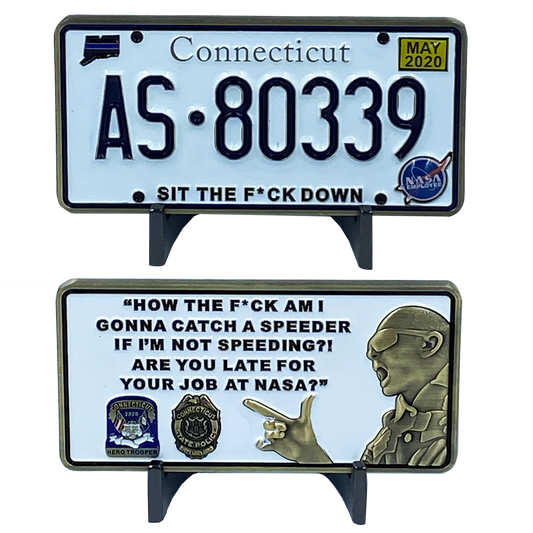 DL6-01 CONNECTICUT STATE POLICE TROOPER SPINA CSP License Plate Challenge Coin Thin Blue Line Nasa Employee
