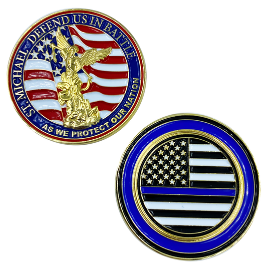 BB-012 St. Michael Defend Us Police Officer's Prayer Challenge Coin Thin Blue Line Law Enforcement Protect Patron Saint Military Army Marines, Air Force Navy