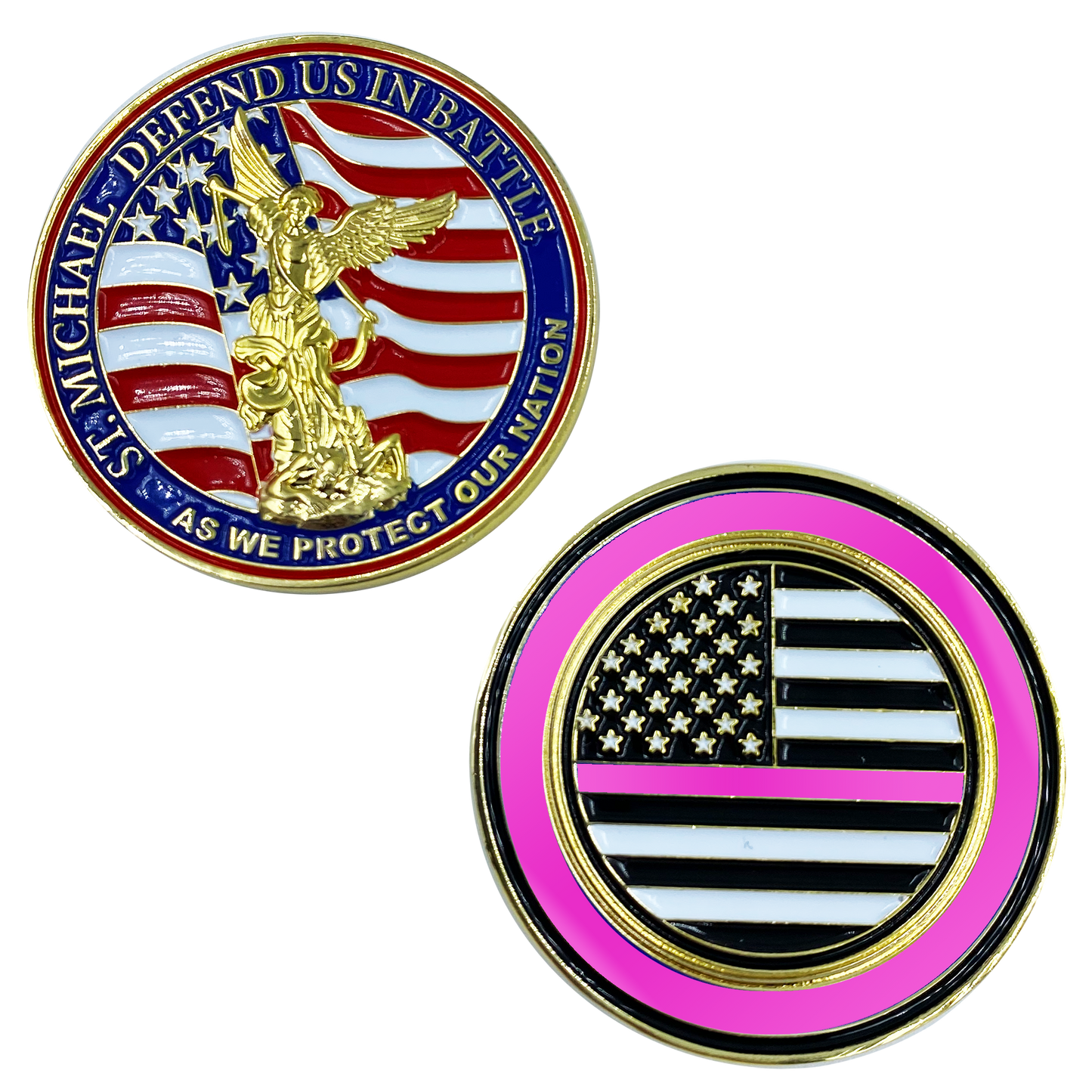 CL13-03 St. Michael Defend Us Police Officer's Prayer Challenge Coin Thin Pink Line Breast Cancer Awareness