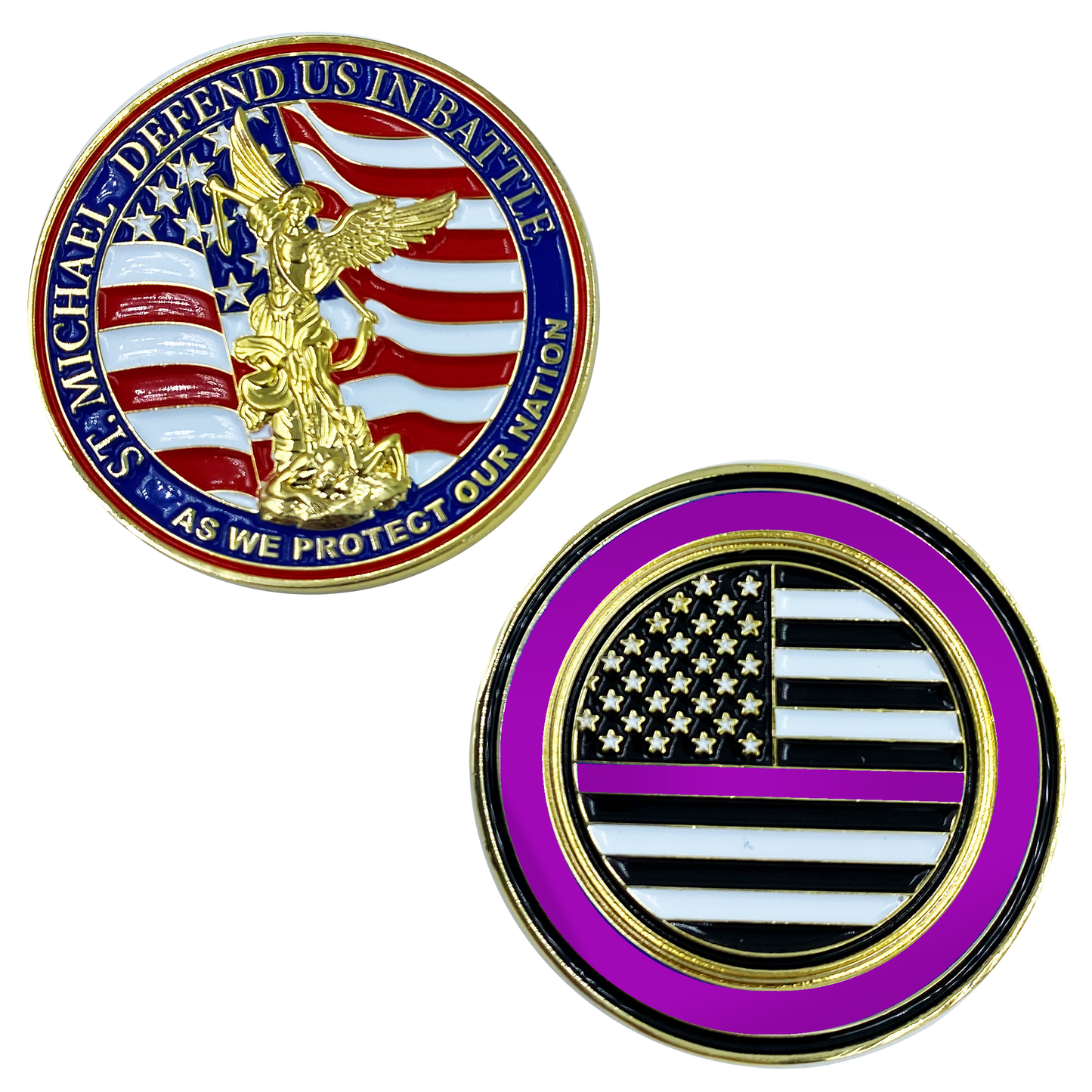 CL13-04 St. Michael Defend Us Police Officer's Prayer Challenge Coin Thin Purple Line Security