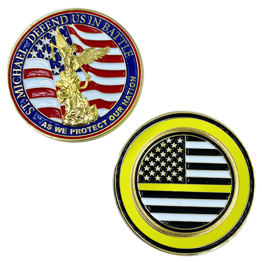 CL13-01 St. Michael Defend Us Police Officer's Prayer Challenge Coin Thin Gold Line Law Dispatcher