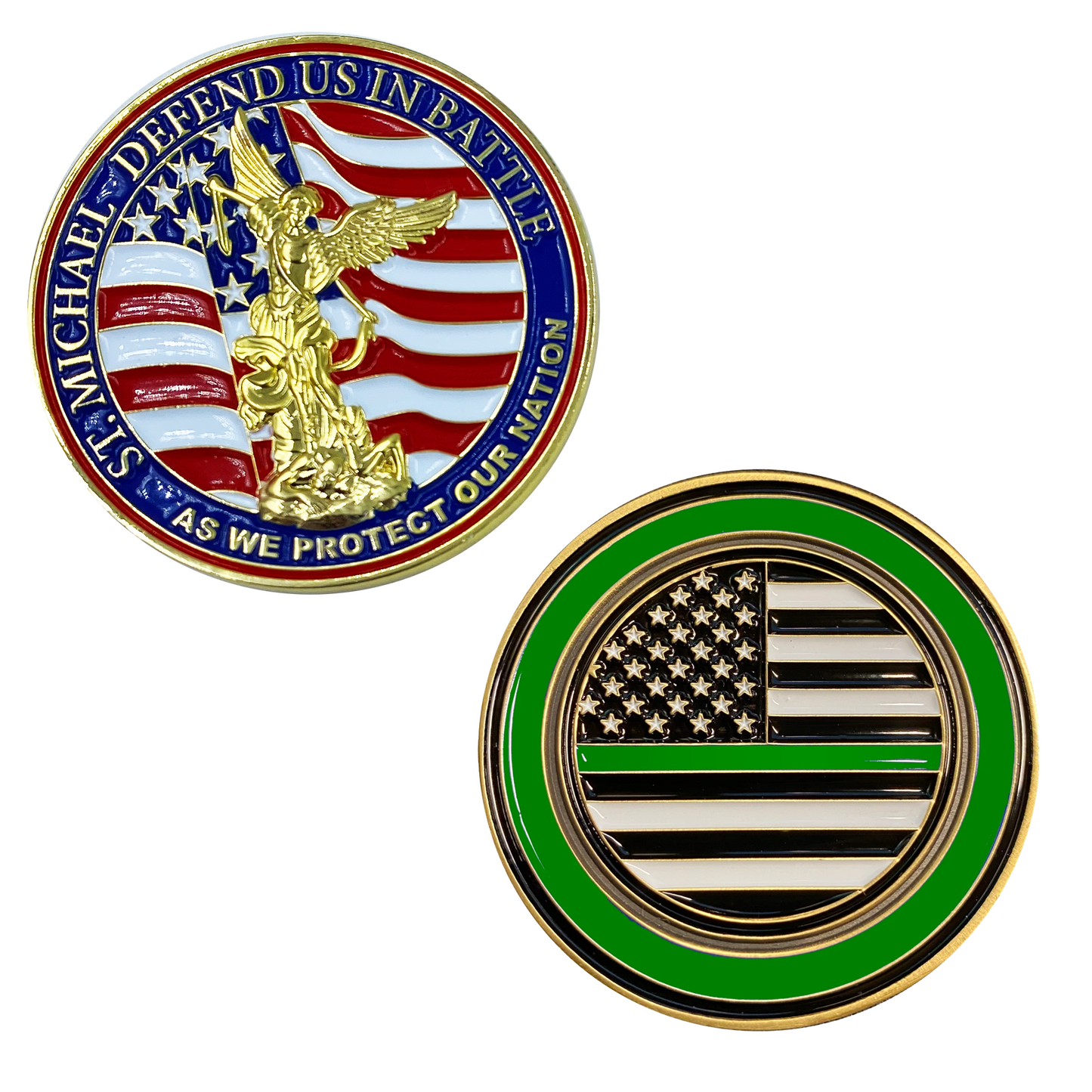M-20 Thin Green Line St. Michael Defend Us Police Officer's Prayer Challenge Coin Law Enforcement Protect Patron Saint Sheriff Security CBP Border Patrol
