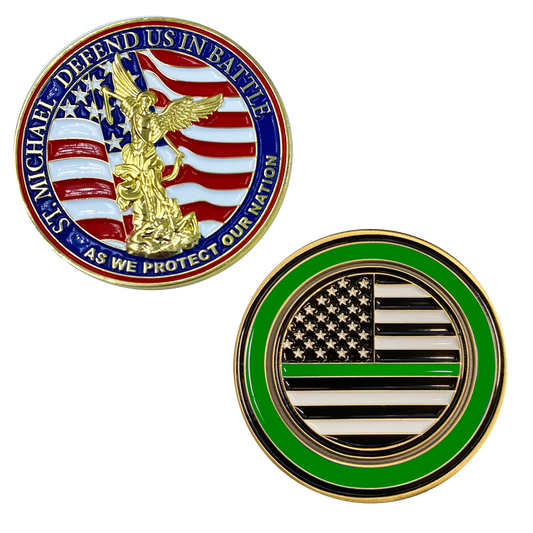M-20 Thin Green Line St. Michael Defend Us Police Officer's Prayer Challenge Coin Law Enforcement Protect Patron Saint Sheriff Security CBP Border Patrol