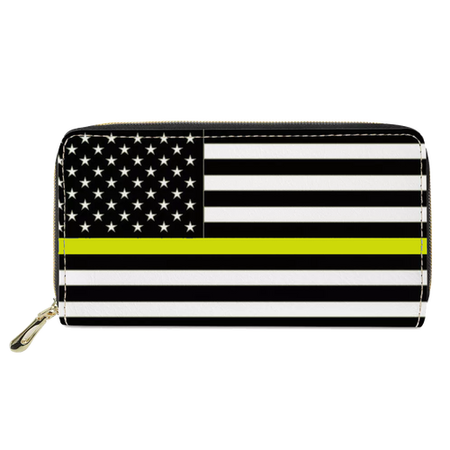REF-003 Thin Gold Line flag zippered wallet for 911 Emergency Dispatcher or gift for Wife, Husband, family yellow