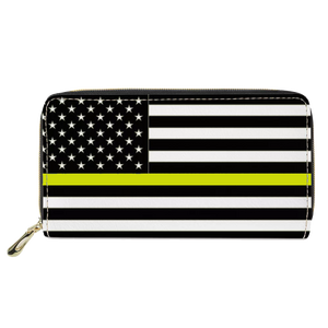 REF-003 Thin Gold Line flag zippered wallet for 911 Emergency Dispatcher or gift for Wife, Husband, family yellow