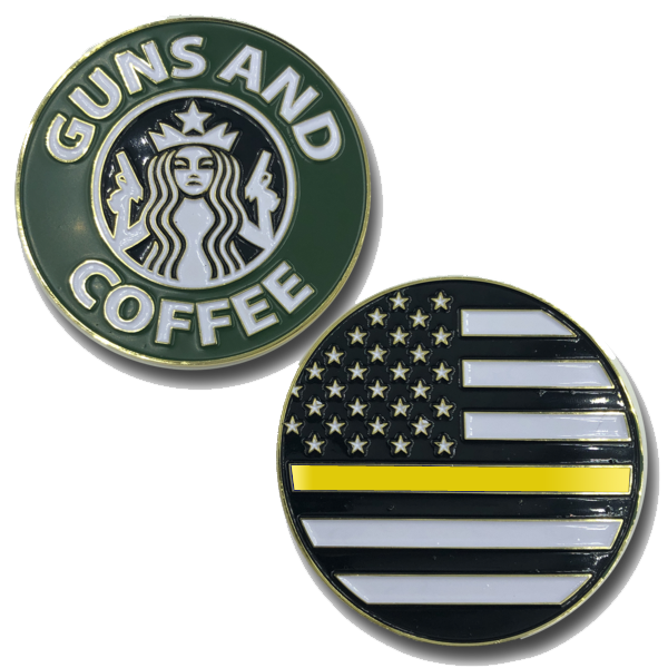 L-15 Thin Yellow/Gold Line Guns and Coffee Challenge Coin Police 911 dispatcher
