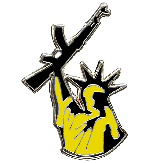 Thin Gold Line Statue of Liberty M4 Cloisonné Pin with dual pin posts 911 Emergency Dispatcher yellow