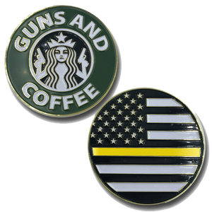 L-15 Thin Yellow/Gold Line Guns and Coffee Challenge Coin Police 911 dispatcher