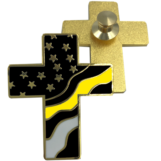Thin Gold Line American Flag Cross USA Lapel pin Cloisonné 911 Dispatcher Emergency Yellow