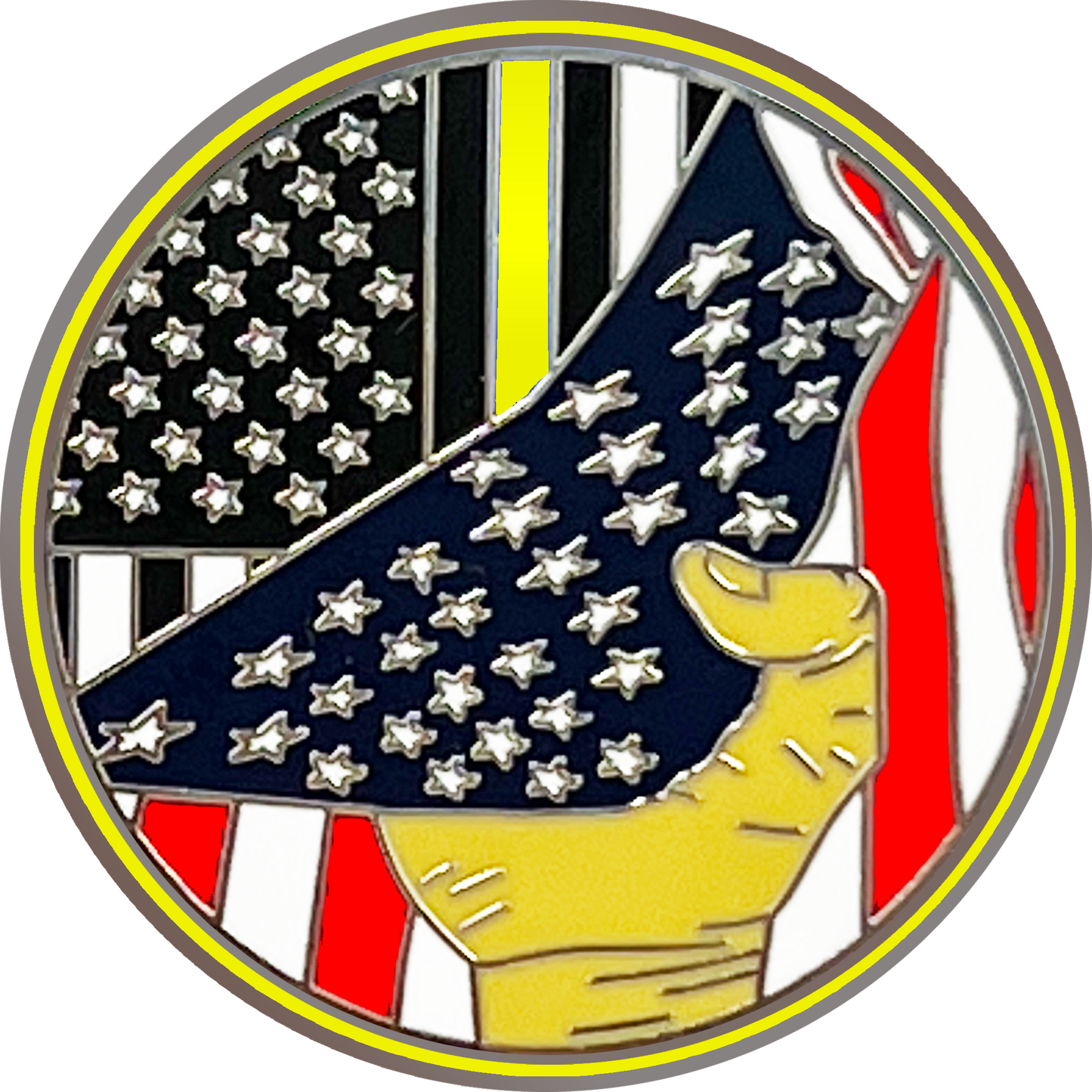 PBX-002-L Thin Gold Line American Flag Police 911 Emergency Dispatcher Lapel Pin hand pulling down Yellow Line Trucker