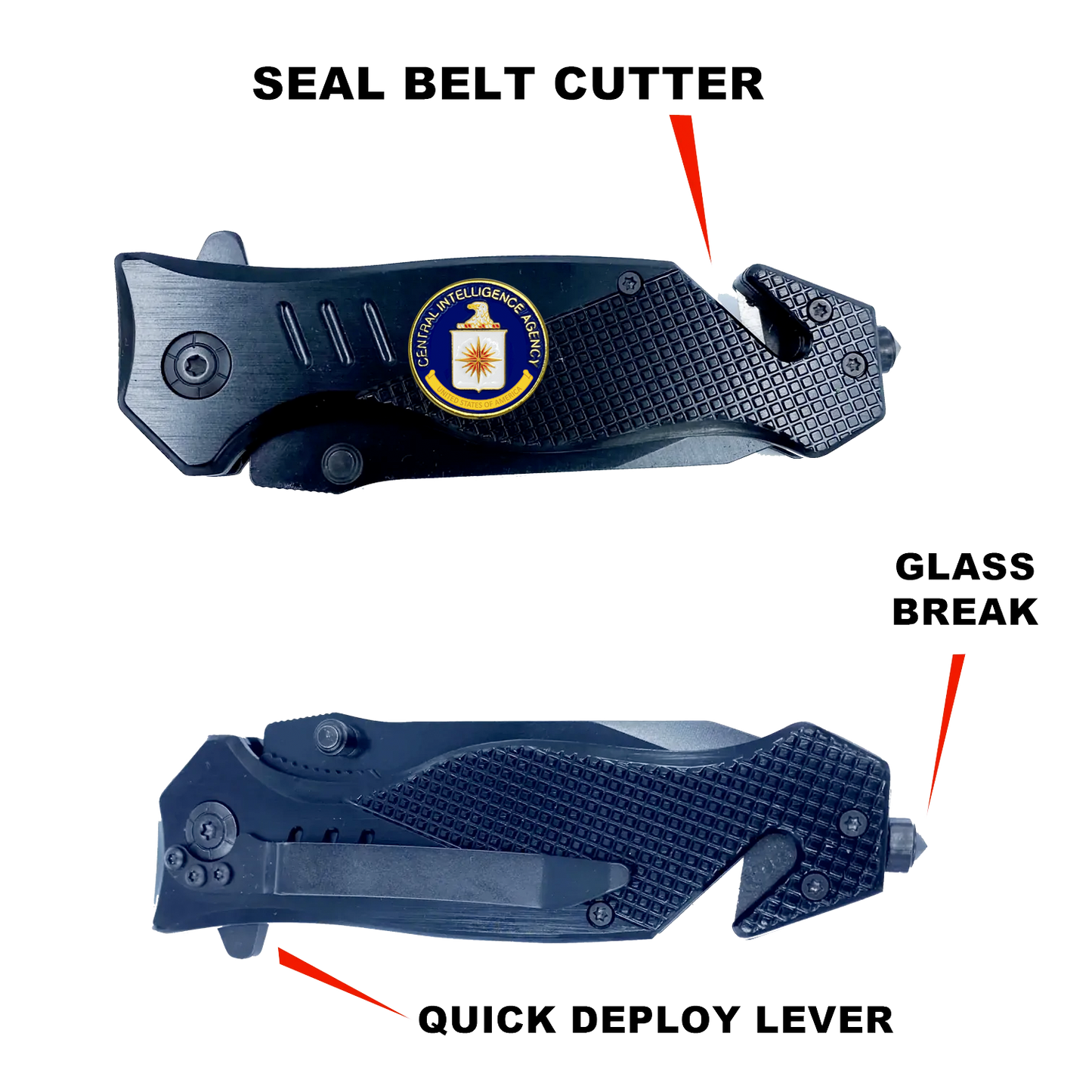 CIA Central Intelligence Agency 3-in-1 Tactical Rescue knife tool with Seatbelt Cutter, Steel Serrated Blade, Glass