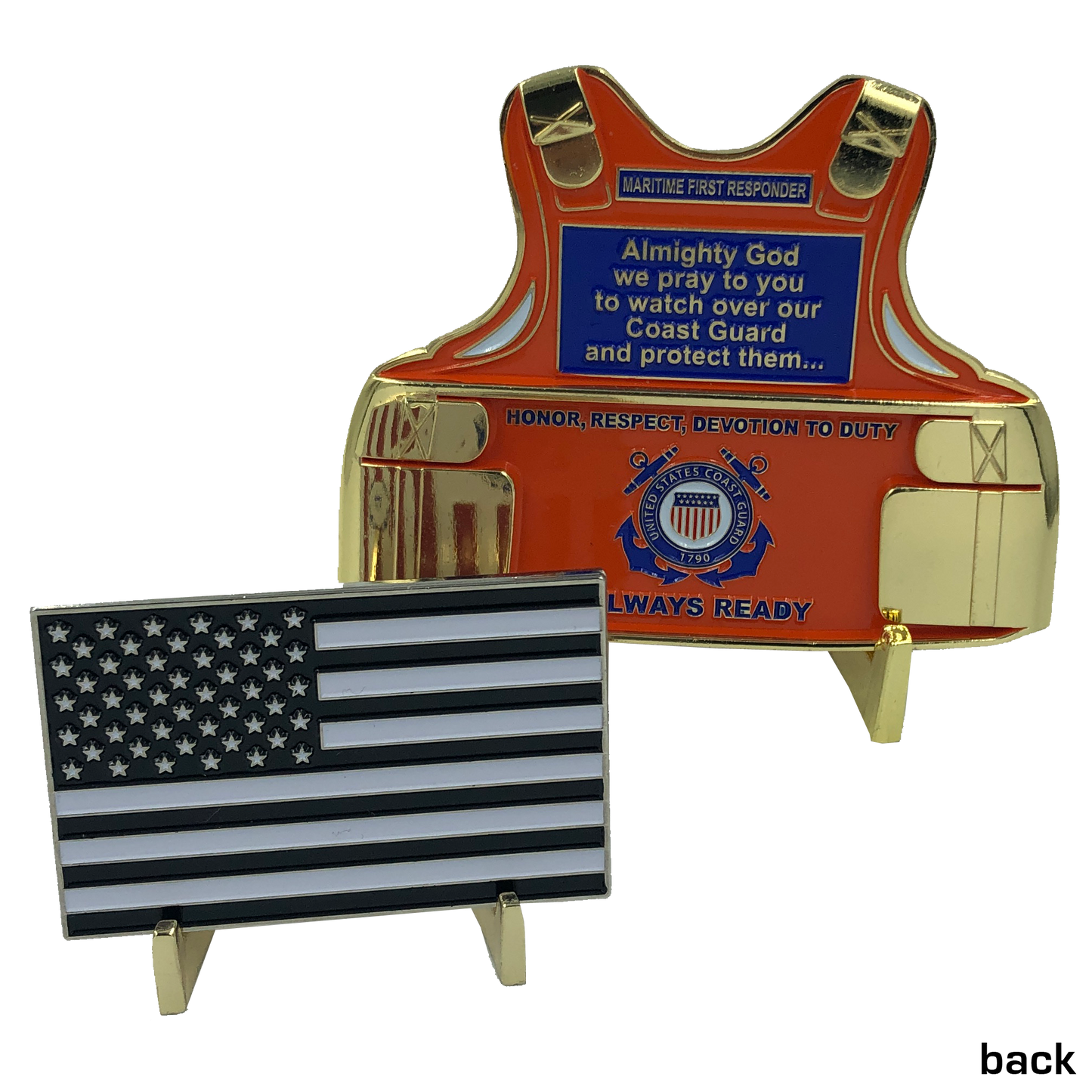 Coast Guard Set: Coastie Body Armor Medallion and Flag Challenge Coin USCG H-015 and H-016