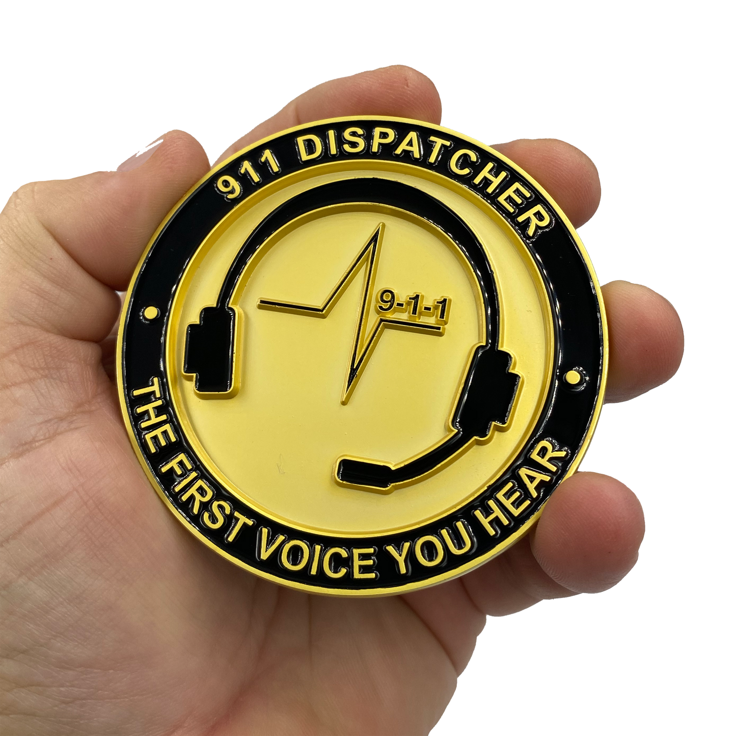 EL4-015 World's Biggest 911 Emergency Dispatcher Challenge Coin Thin Gold Line The First Voice Your Hear