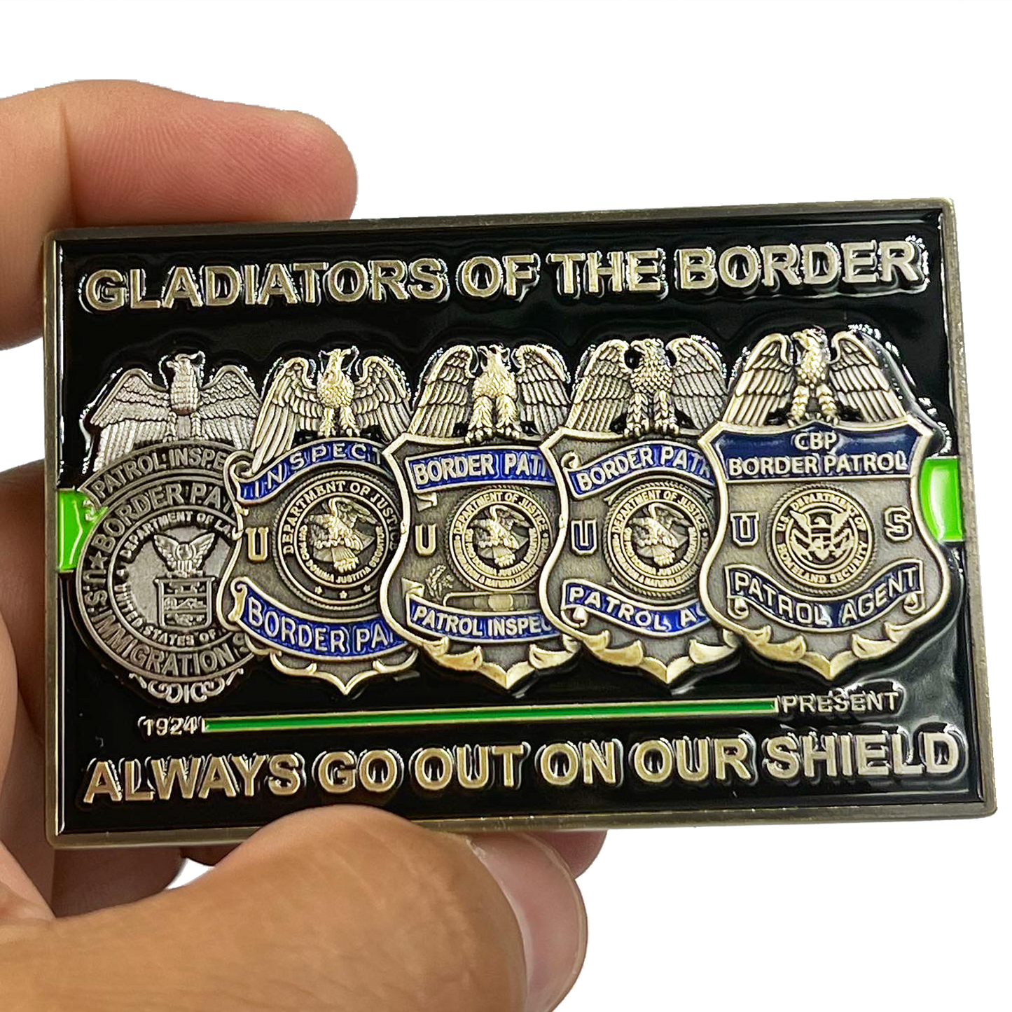 EL13-003 Border Patrol Agent Timeline CBP BPA Challenge Coin Thin Green Line Honor First CA AZ TX NM