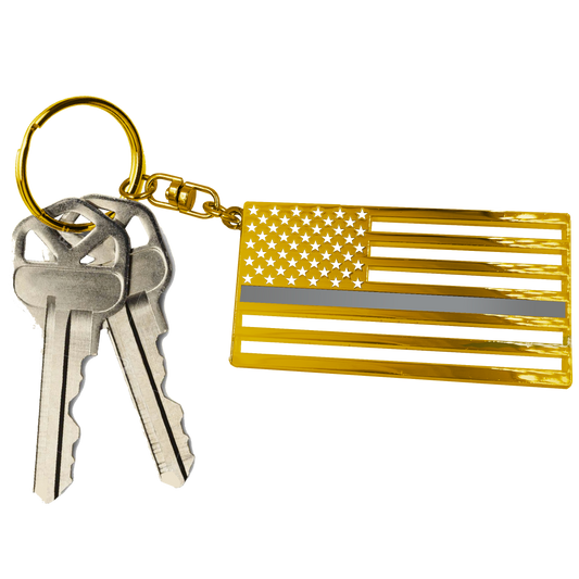 GL1-015 Correctional Officer Corrections American Flag die-cut gold challenge coin keychain with swivel and 1" keyring Thin Gray Line CO