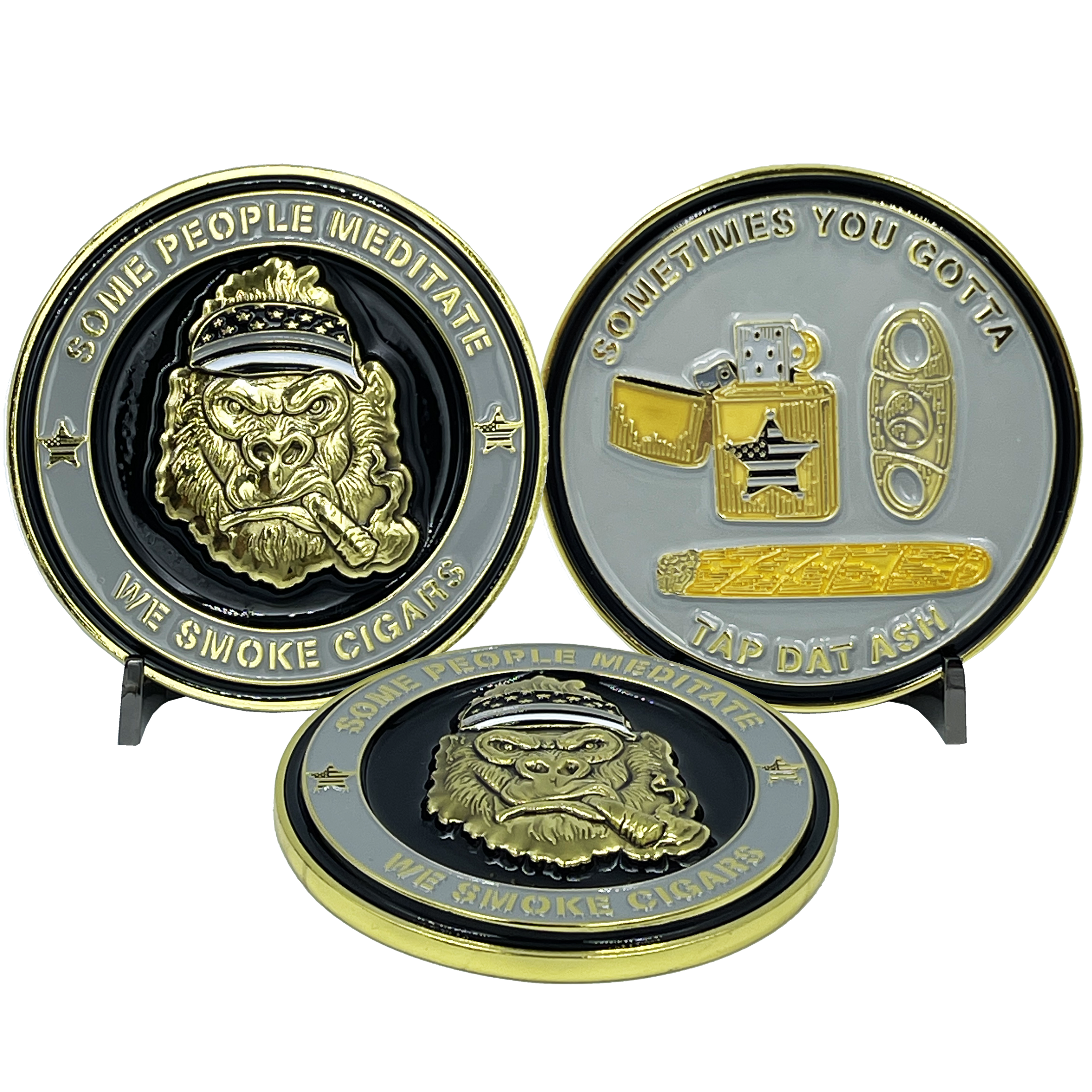 BL12-010 Corrections CO Thin Gray Line Correctional Officer Cigar Gorilla Challenge Coin Tap Dat Ash SOME PEOPLE MEDITATE WE SMOKE CIGARS