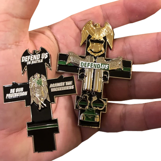 GG-011 Thin Green Line St. Michael Cross Police Sheriff Border Patrol CBP Challenge Coin medallion