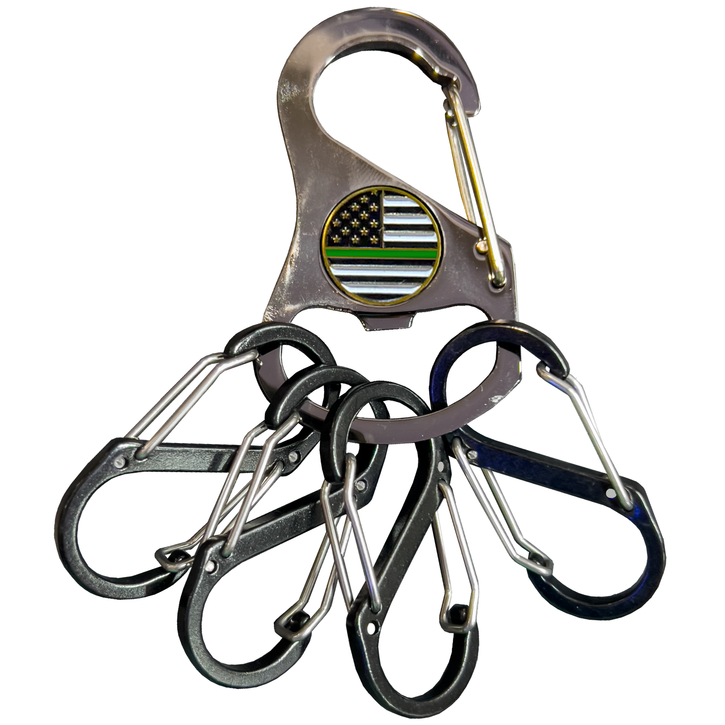 Thin Green Line Border Patrol Carabiner Keychain with 4 carabiner clips and bottle opener function Marines Army Veteran