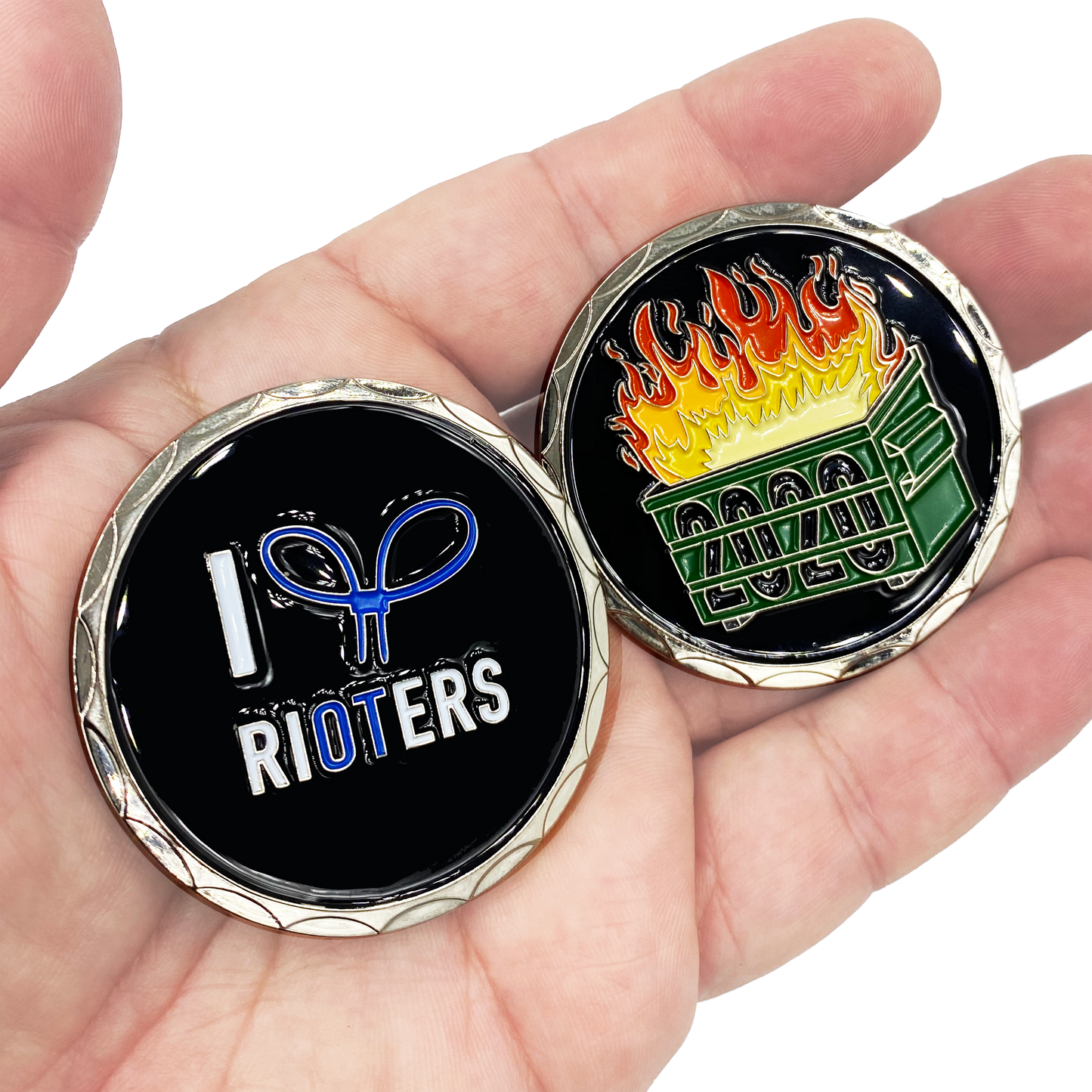DL2-04 I Love Rioters 2020 Dumpster Fire Handcuff Zip Ties Police Thin Blue Line Overtime Challenge Coin