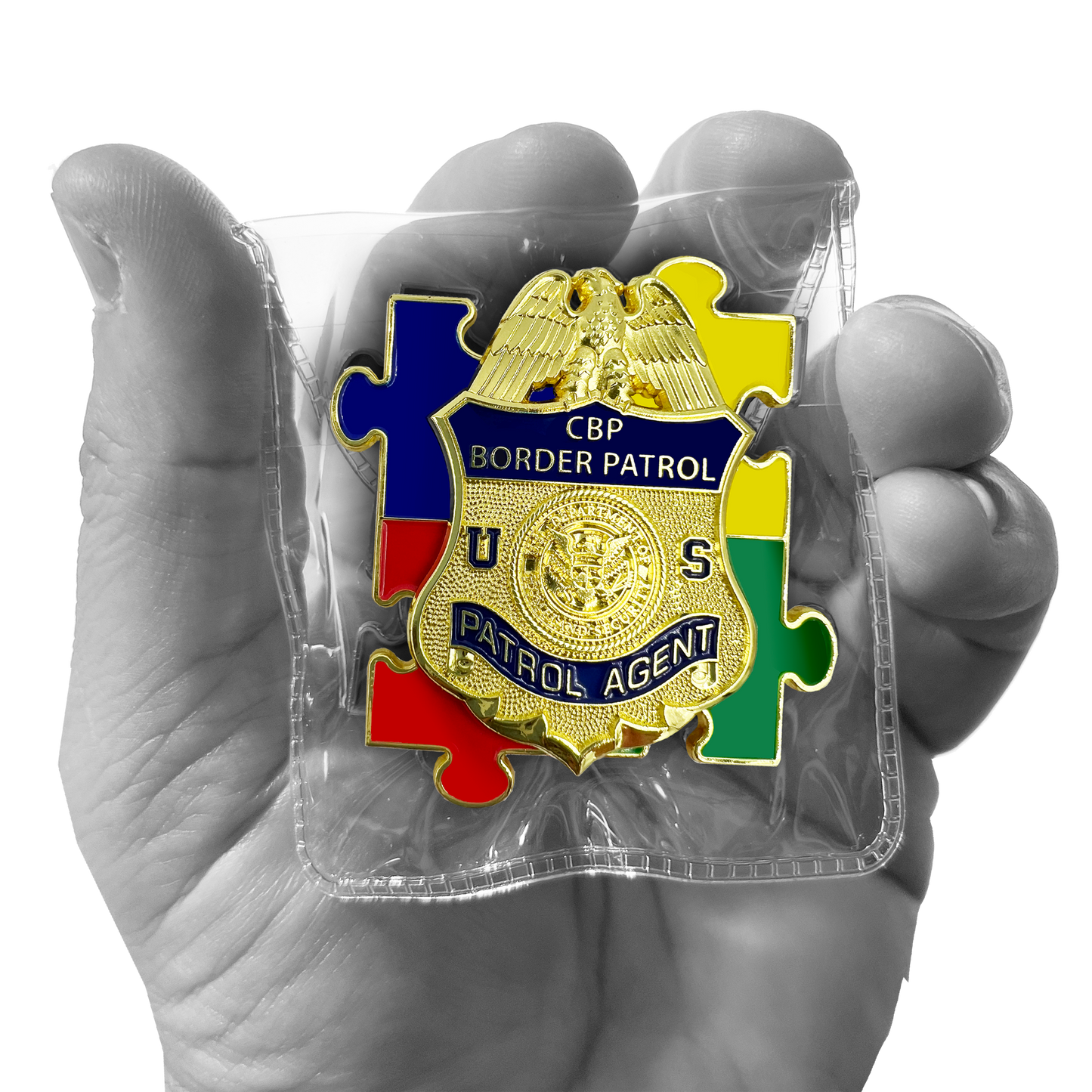 EL7-014 CBP Border Patrol Agent Autism Awareness Month lapel pin puzzle pieces display like a challenge coin