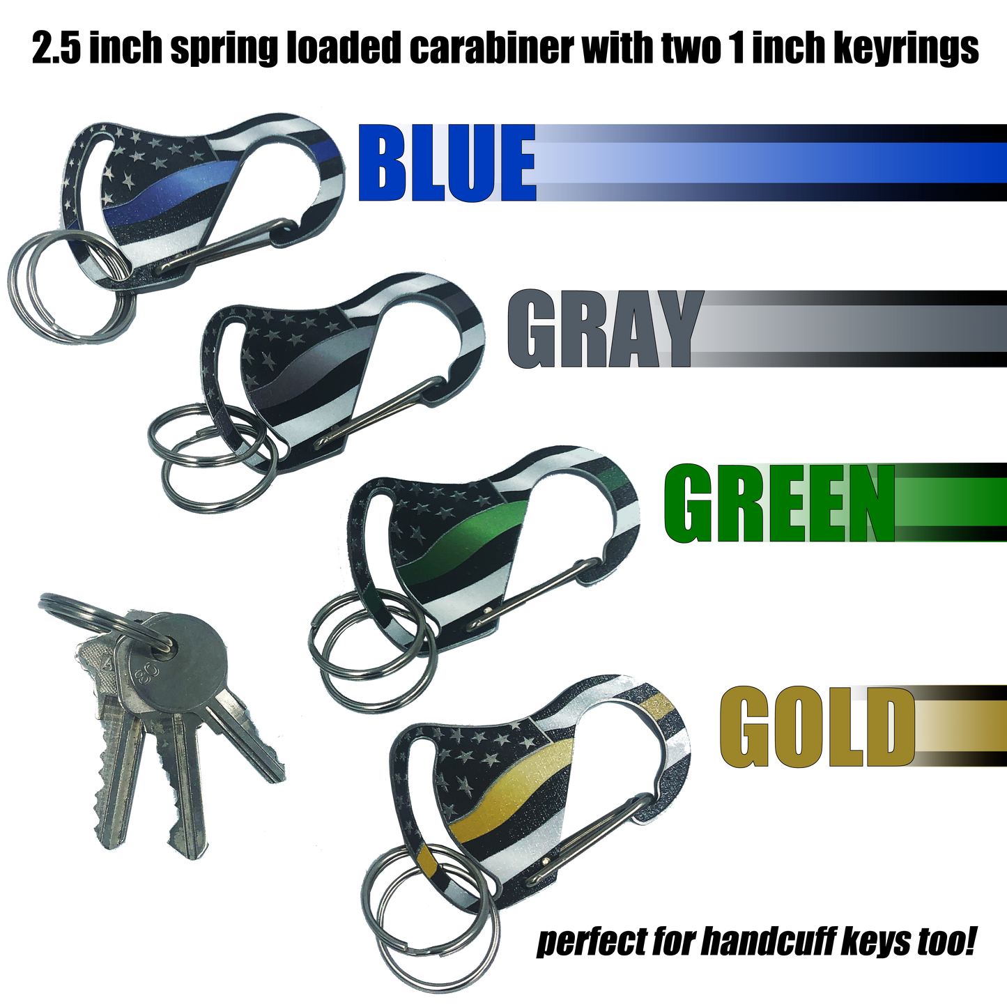 Thin Blue Line Carabiner Keychains with 2 key rings police nypd lapd chicago atf cbp fbi