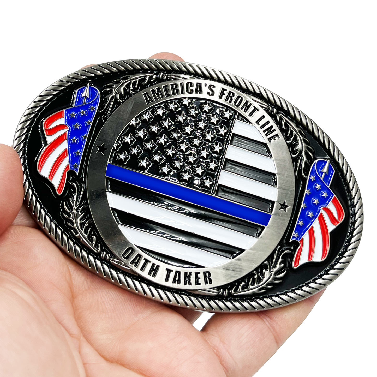 EL4-006 Police Officer Antique Nickel Thin Blue Line Police American Flag Belt Buckle America's Front Line Oath Taker