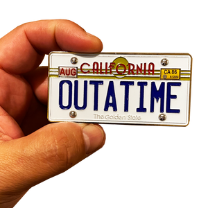 DL8-06 Back to the Future inspired OUTATIME Delorean California License Plate Challenge Coin