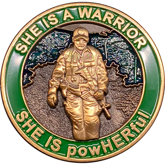 DL3-12 She is a powHERful Warrior thin green line Police Border Patrol Military Tactical Female Challenge Coin Agent Officer CBP