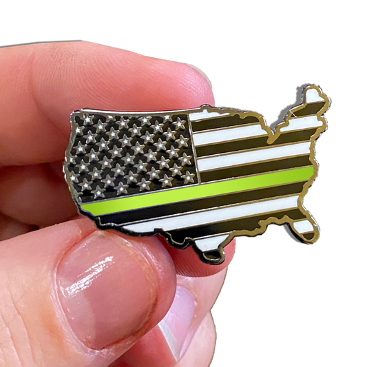 Thin Gold Line American Flag 911 Dispatcher U.S. Map Pin with 2 pin posts and deluxe pin clasps emergency yellow