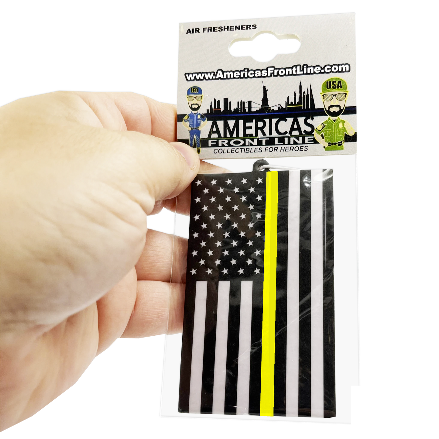 DL13-014 Thin Gold Line Police 911 Emergency Dispatcher Flag Air Freshener Car Home Office Yellow Truck Driver