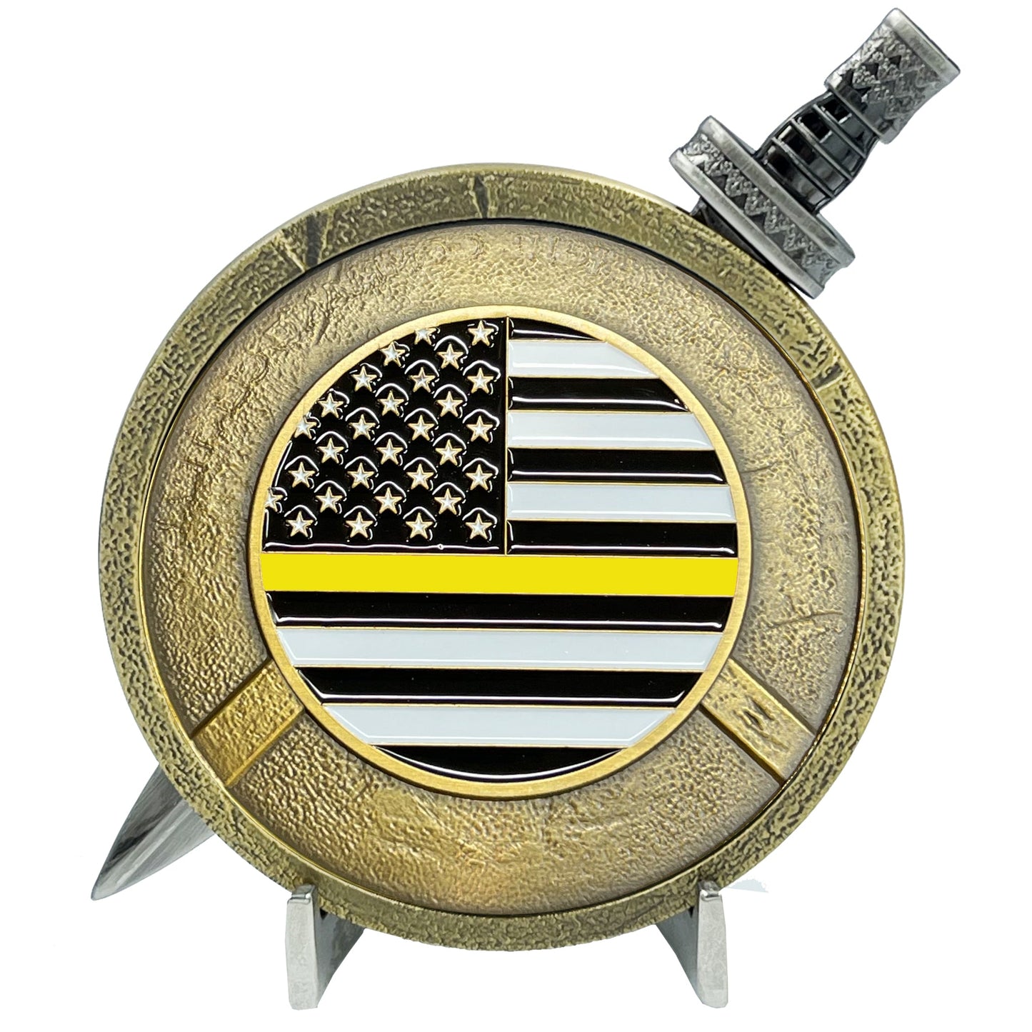 EL5-019 Thin Gold Line 911 Emergency Dispatcher Police Warrior Yellow Gladiator Shield with removable Sword Challenge Coin Set